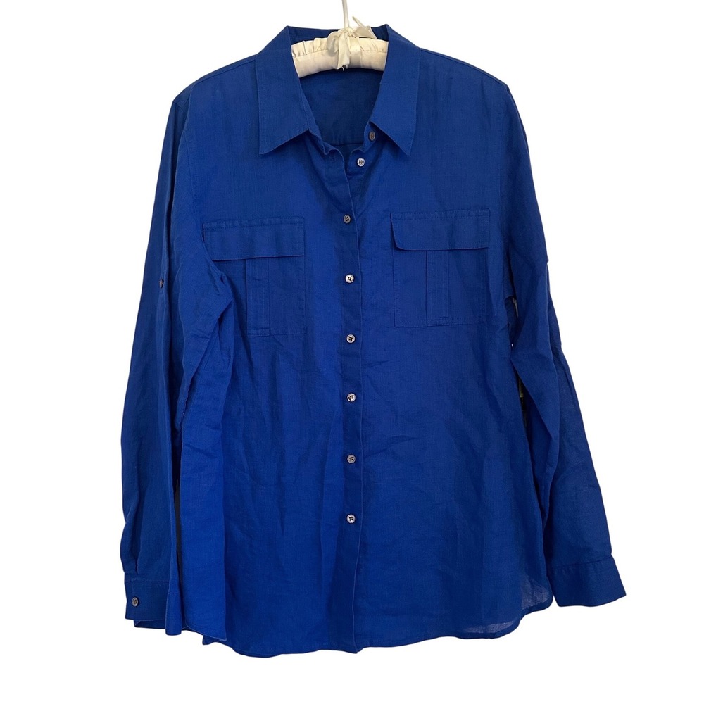 Chaus Sport Women Blue Linen Blend Roll Tab Sleeve Button Up Shirt L Resort New
